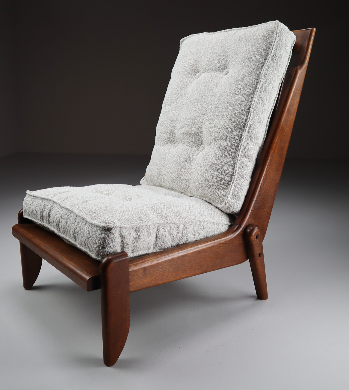 Pair Lounge chairs by Guillerme & Chambron with newly upholstered cushions in boucle fabric , France, circa 1950 Mid-20th century