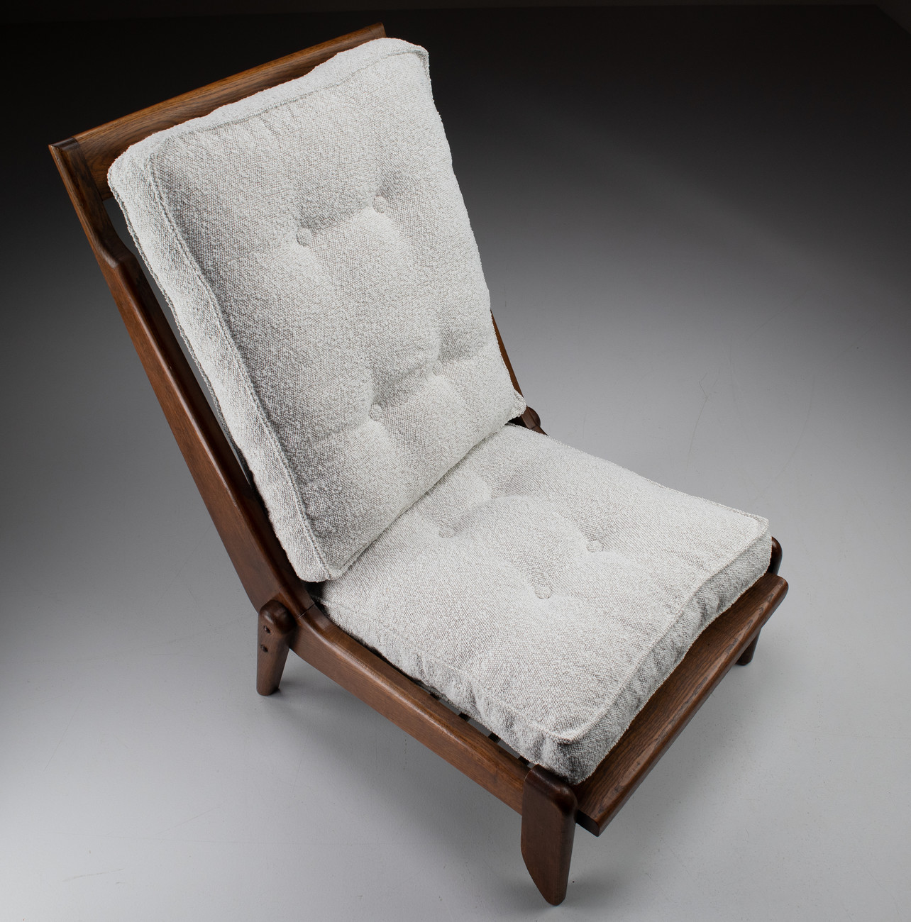 Pair Lounge chairs by Guillerme & Chambron with newly upholstered cushions in boucle fabric , France, circa 1950 Mid-20th century