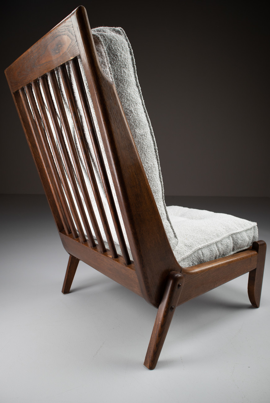Pair Lounge chairs by Guillerme & Chambron with newly upholstered cushions in boucle fabric , France, circa 1950 Mid-20th century