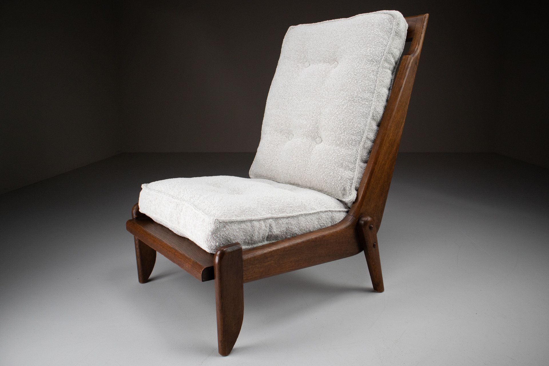 Pair Lounge chairs by Guillerme & Chambron with newly upholstered cushions in boucle fabric , France, circa 1950 Mid-20th century
