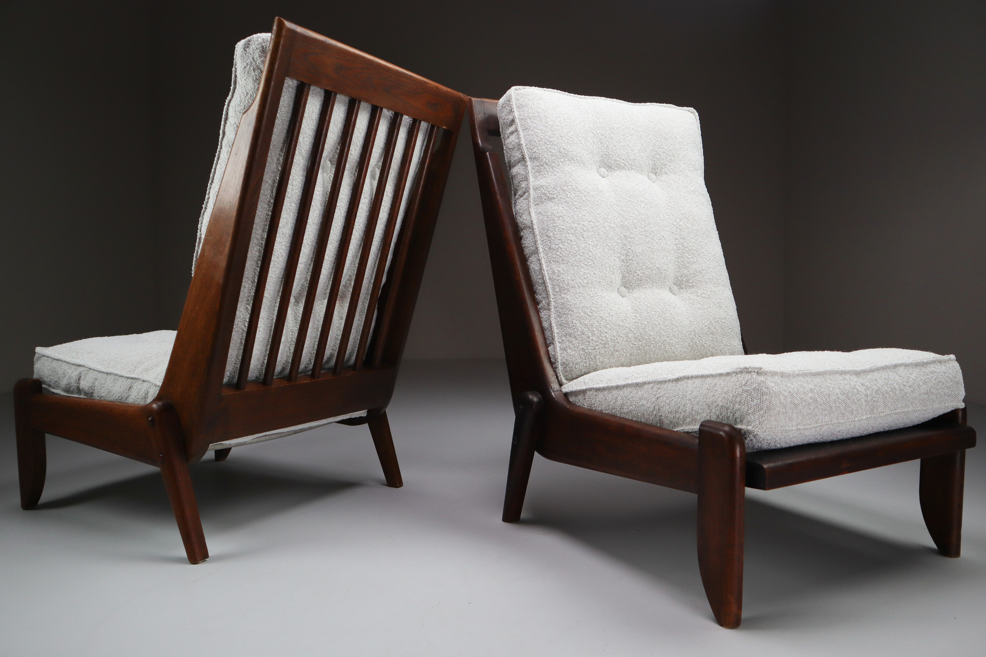 Pair Lounge chairs by Guillerme & Chambron with newly upholstered cushions in boucle fabric , France, circa 1950 Mid-20th century