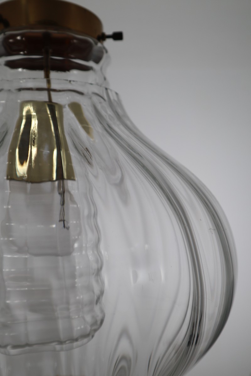 Pair Midcentury Pendants, in Glass and Brass Europe 1960s Mid-20th century