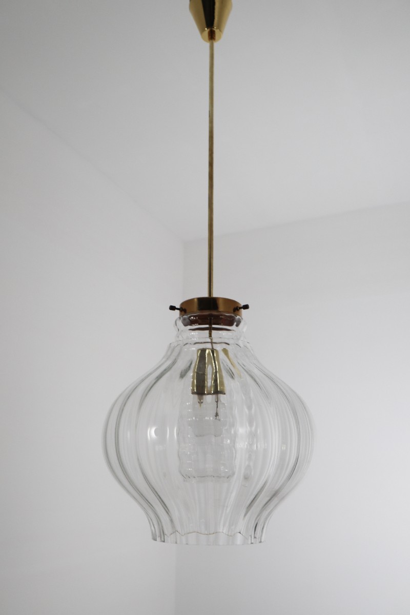 Pair Midcentury Pendants, in Glass and Brass Europe 1960s Mid-20th century