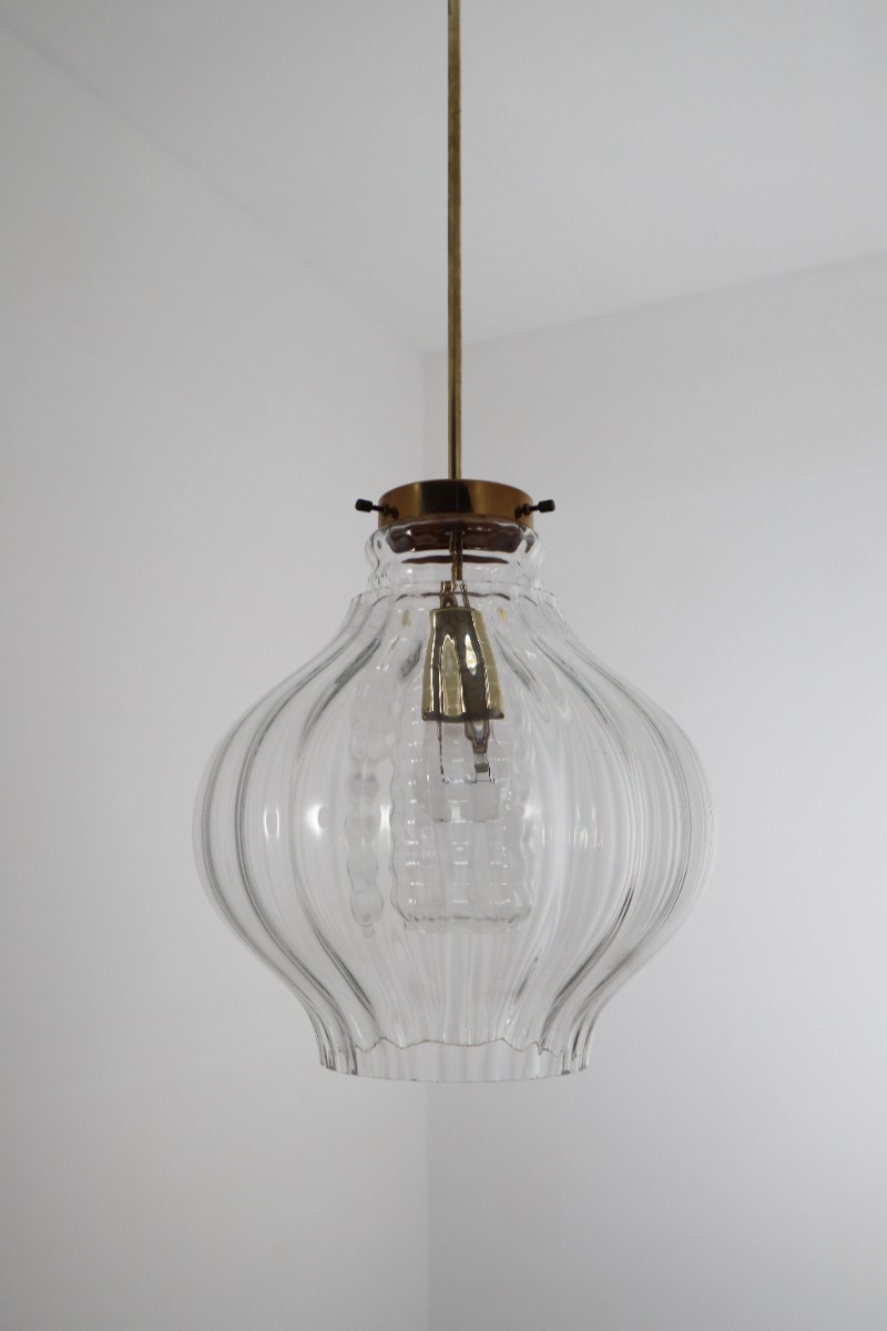 Pair Midcentury Pendants, in Glass and Brass Europe 1960s Mid-20th century