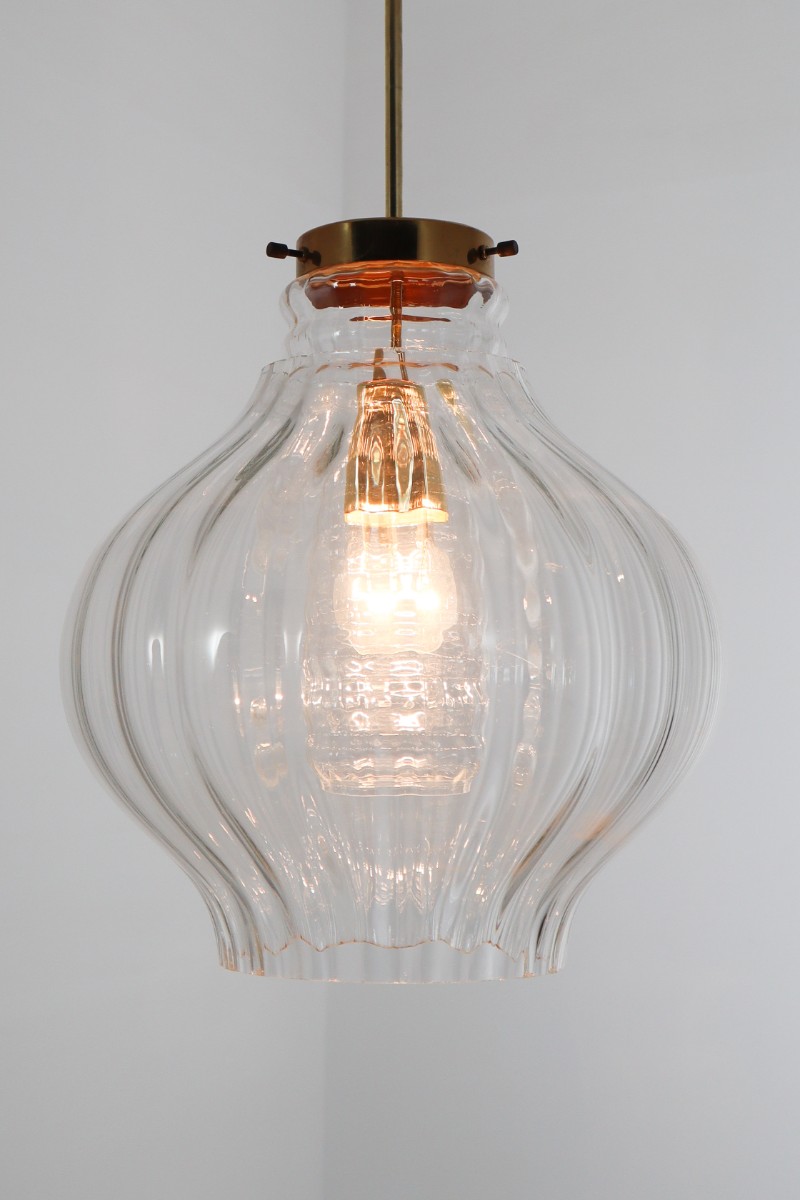 Pair Midcentury Pendants, in Glass and Brass Europe 1960s Mid-20th century