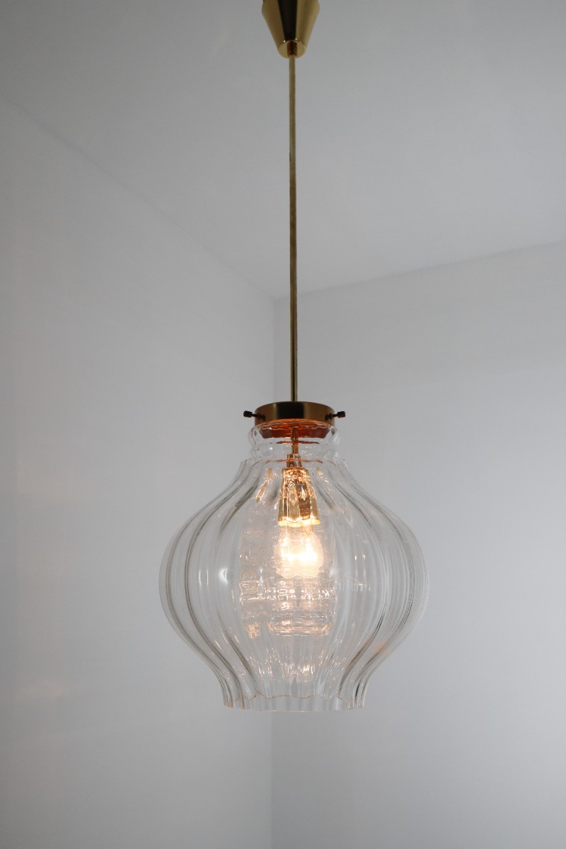 Pair Midcentury Pendants, in Glass and Brass Europe 1960s Mid-20th century