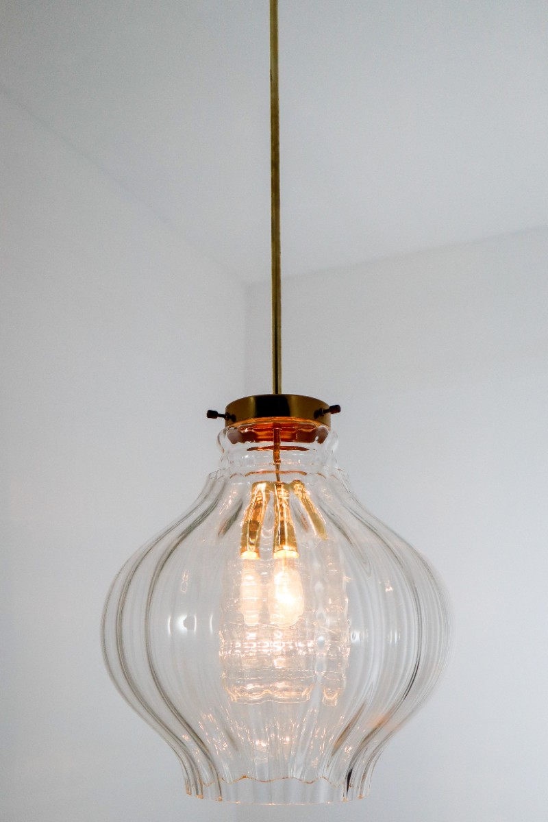 Pair Midcentury Pendants, in Glass and Brass Europe 1960s Mid-20th century