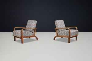 Pair of 1930s Czechoslovak Reclining Armchairs in Original Floral Upholstery Early-20th century