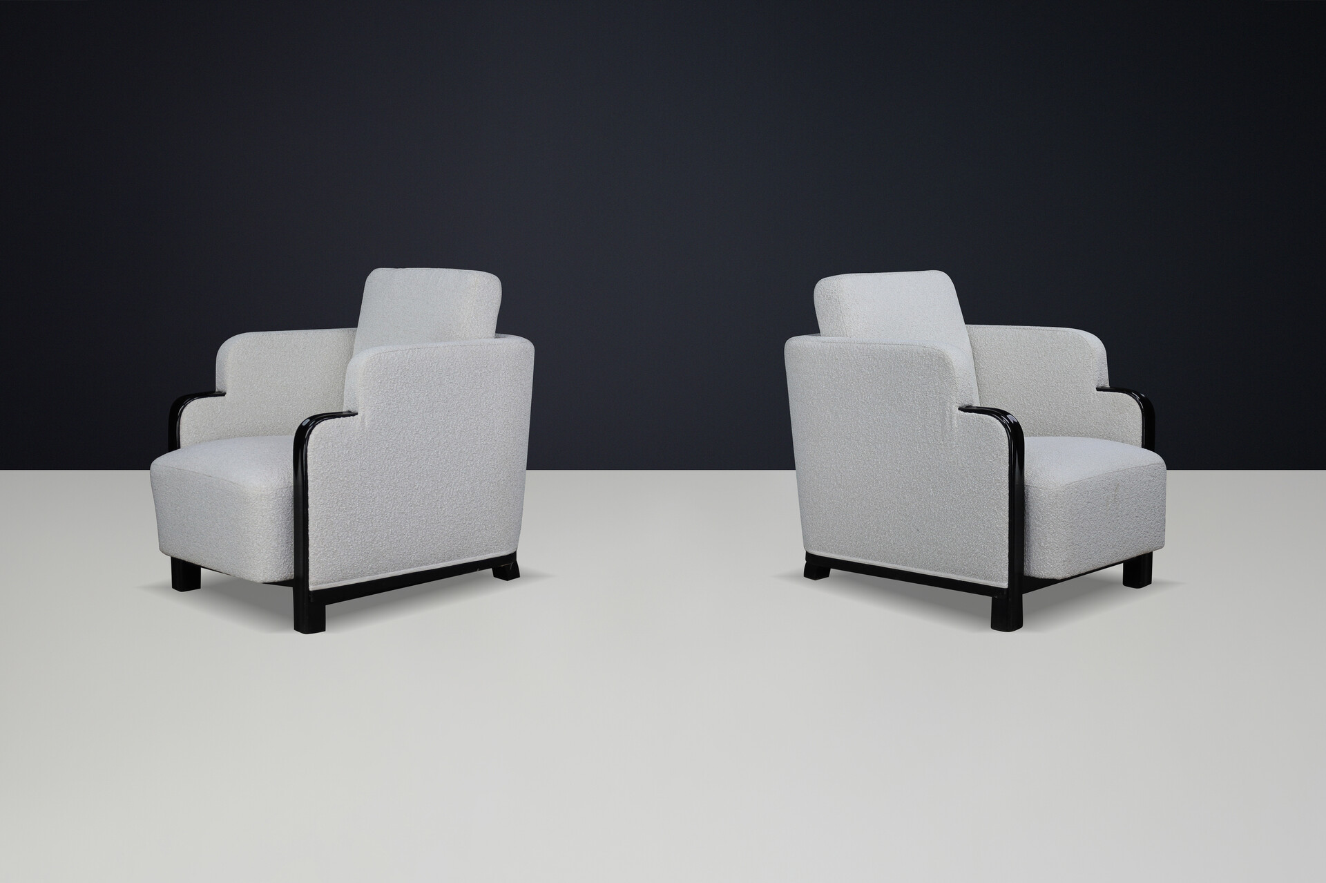 Pair of Art Deco Armchairs in Bouclé and Black Lacquered Wood, Prague, 1930s Early-20th century