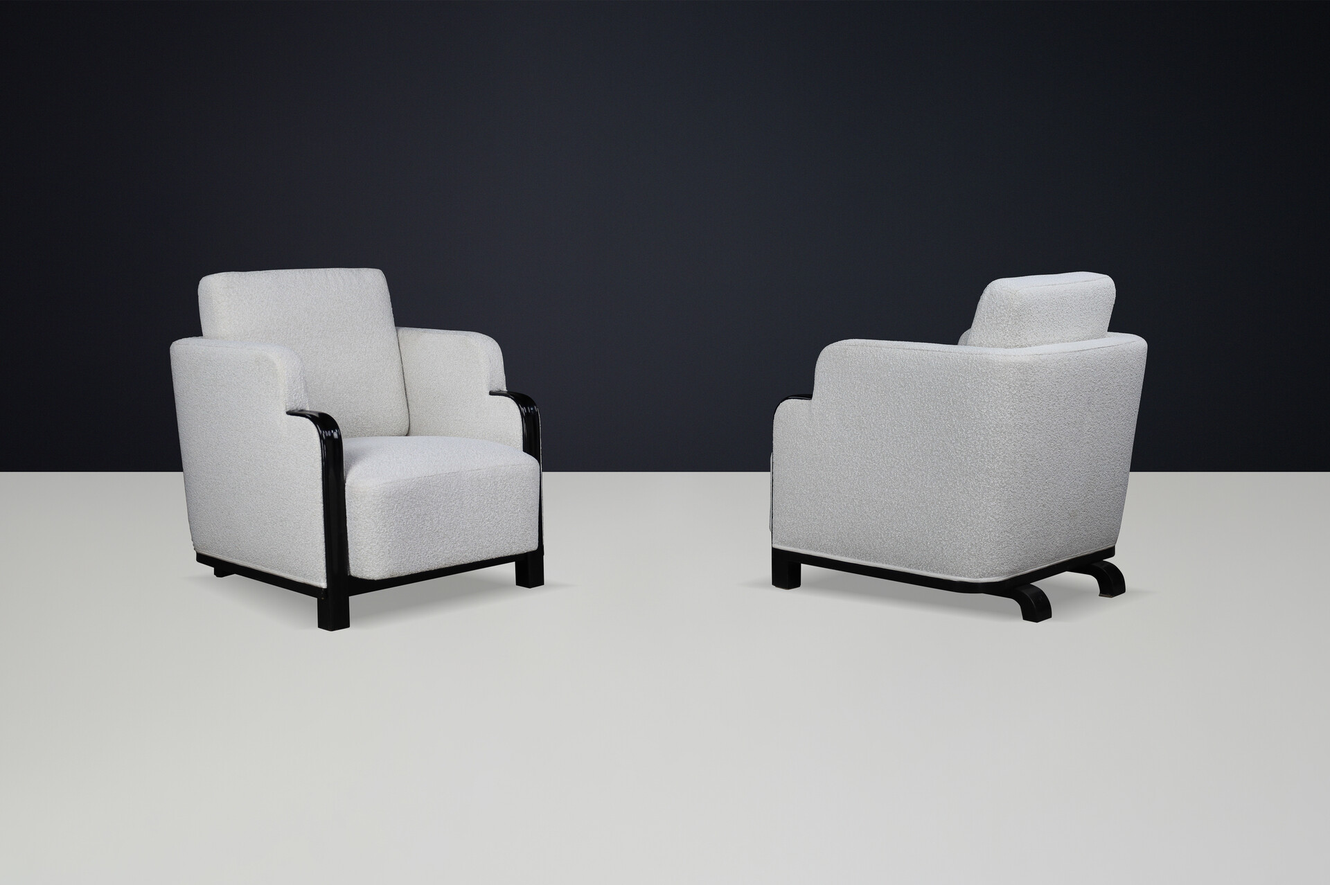 Pair of Art Deco Armchairs in Bouclé and Black Lacquered Wood, Prague, 1930s Early-20th century