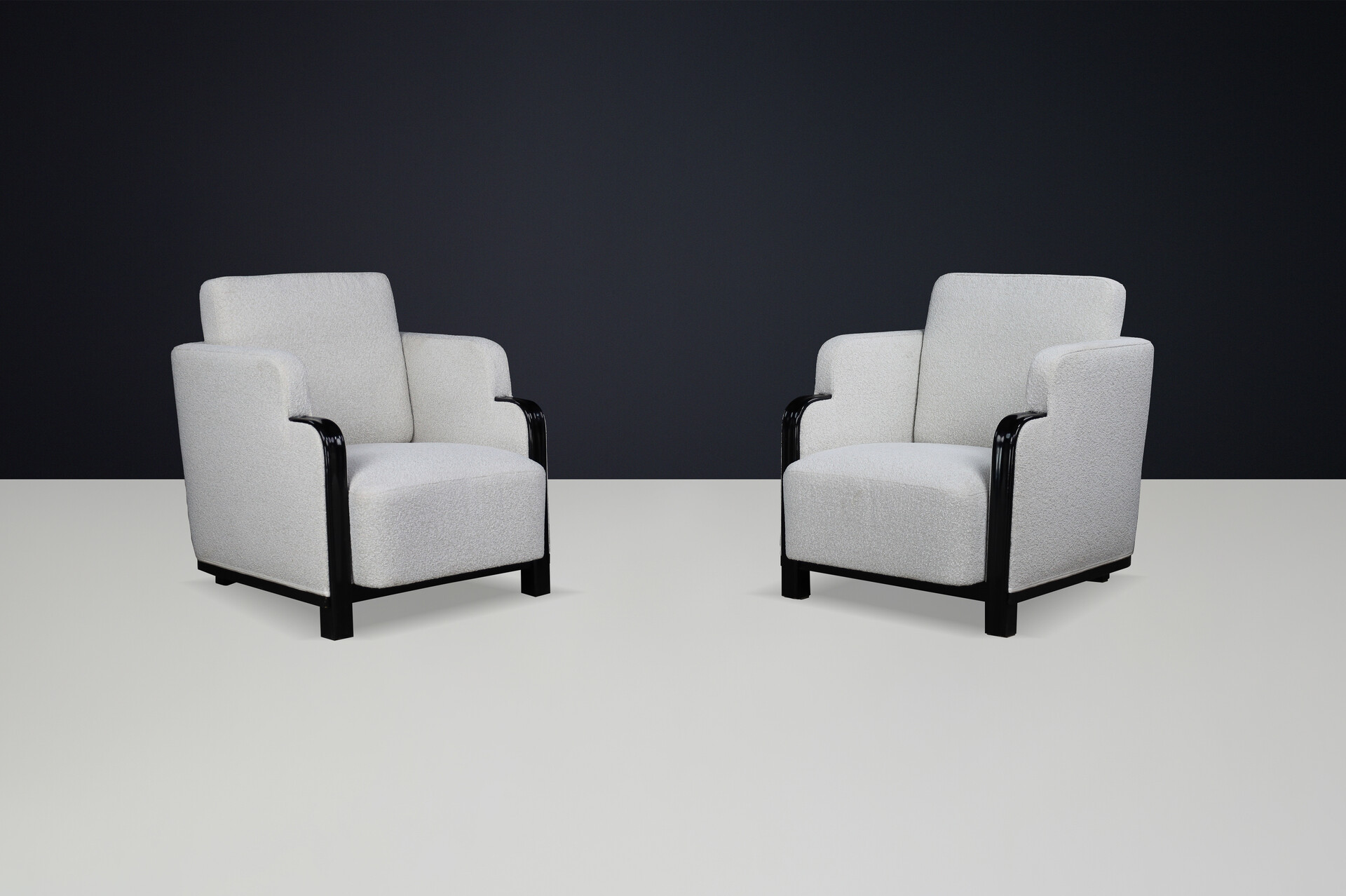 Pair of Art Deco Armchairs in Bouclé and Black Lacquered Wood, Prague, 1930s Early-20th century