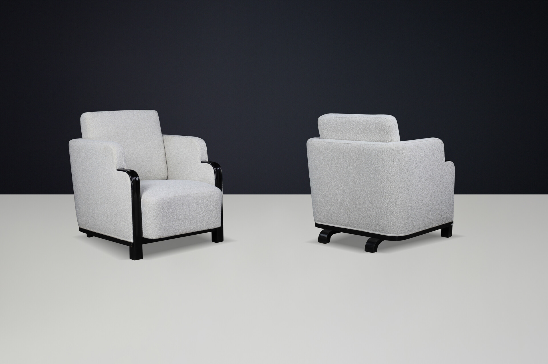 Pair of Art Deco Armchairs in Bouclé and Black Lacquered Wood, Prague, 1930s Early-20th century