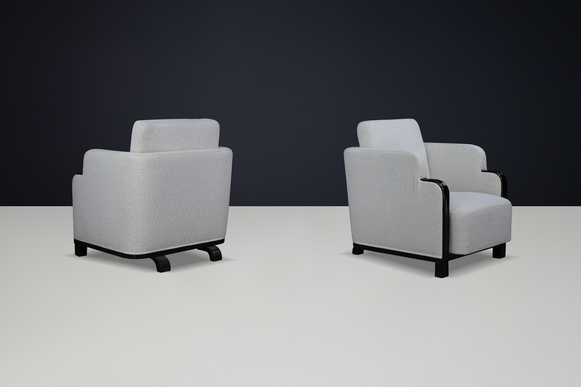 Pair of Art Deco Armchairs in Bouclé and Black Lacquered Wood, Prague, 1930s Early-20th century