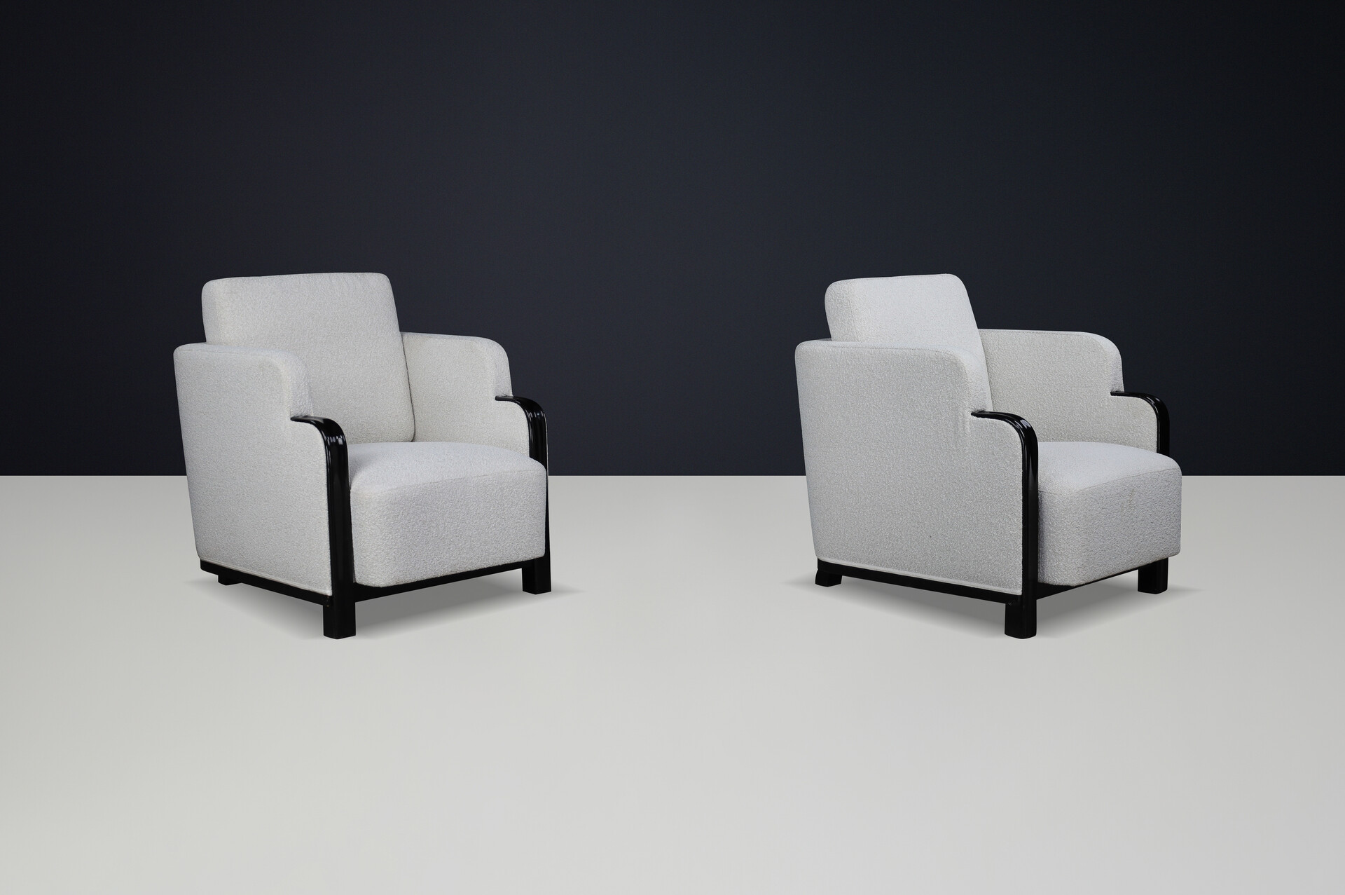 Pair of Art Deco Armchairs in Bouclé and Black Lacquered Wood, Prague, 1930s Early-20th century