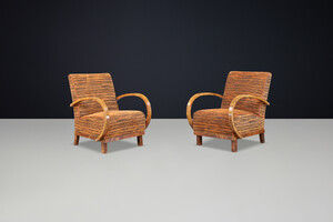 Pair of Austrian Art Deco Lounge Chairs in Walnut with New Tiger Fabric austria 1930 Early-20th century