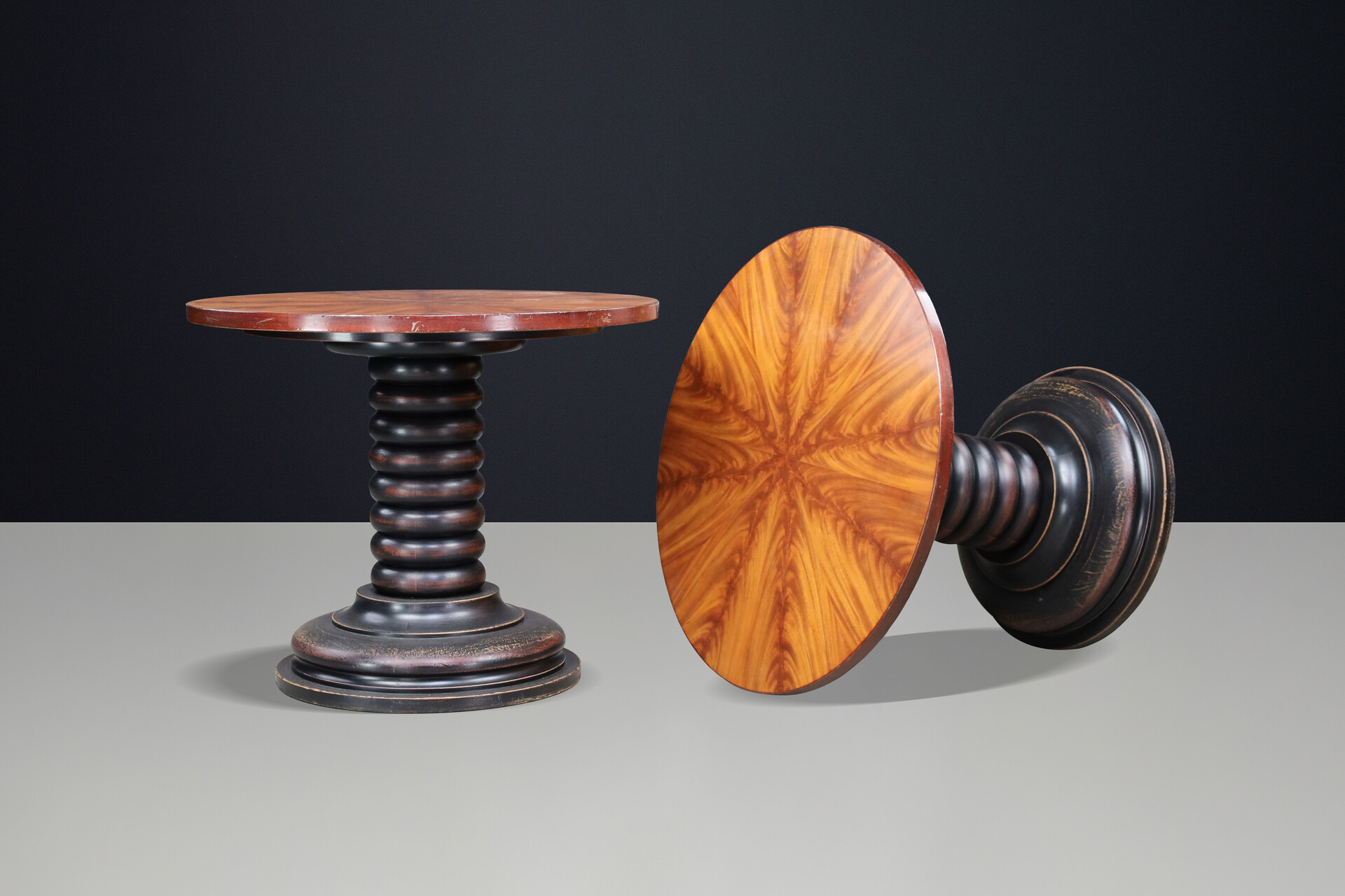 Pair of French Art Deco Walnut and Patinated Gueridon Side Tables, 1930s 20th century