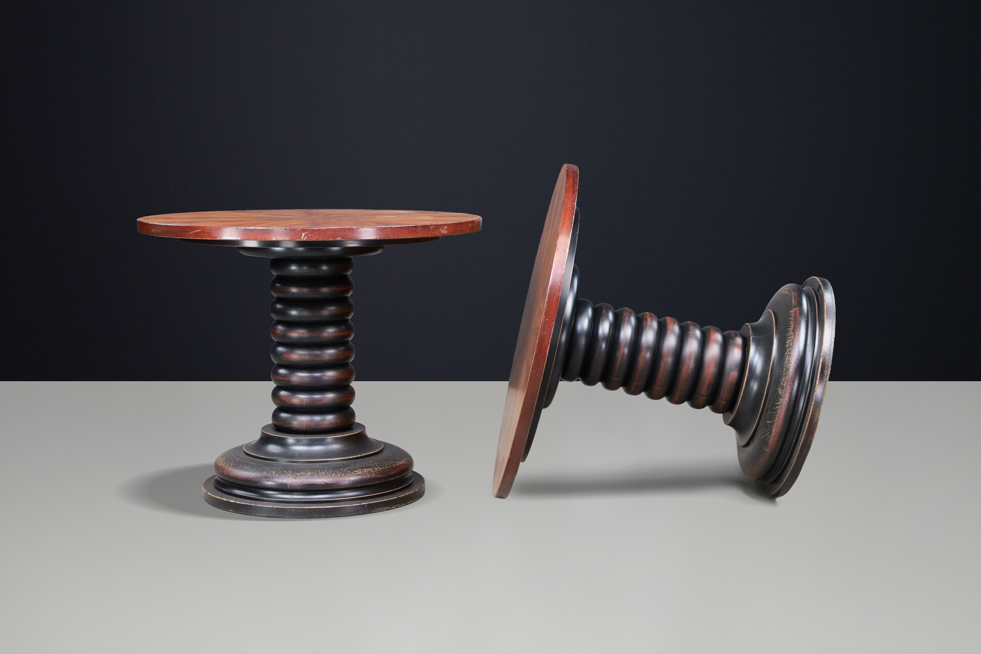 Pair of French Art Deco Walnut and Patinated Gueridon Side Tables, 1930s 20th century