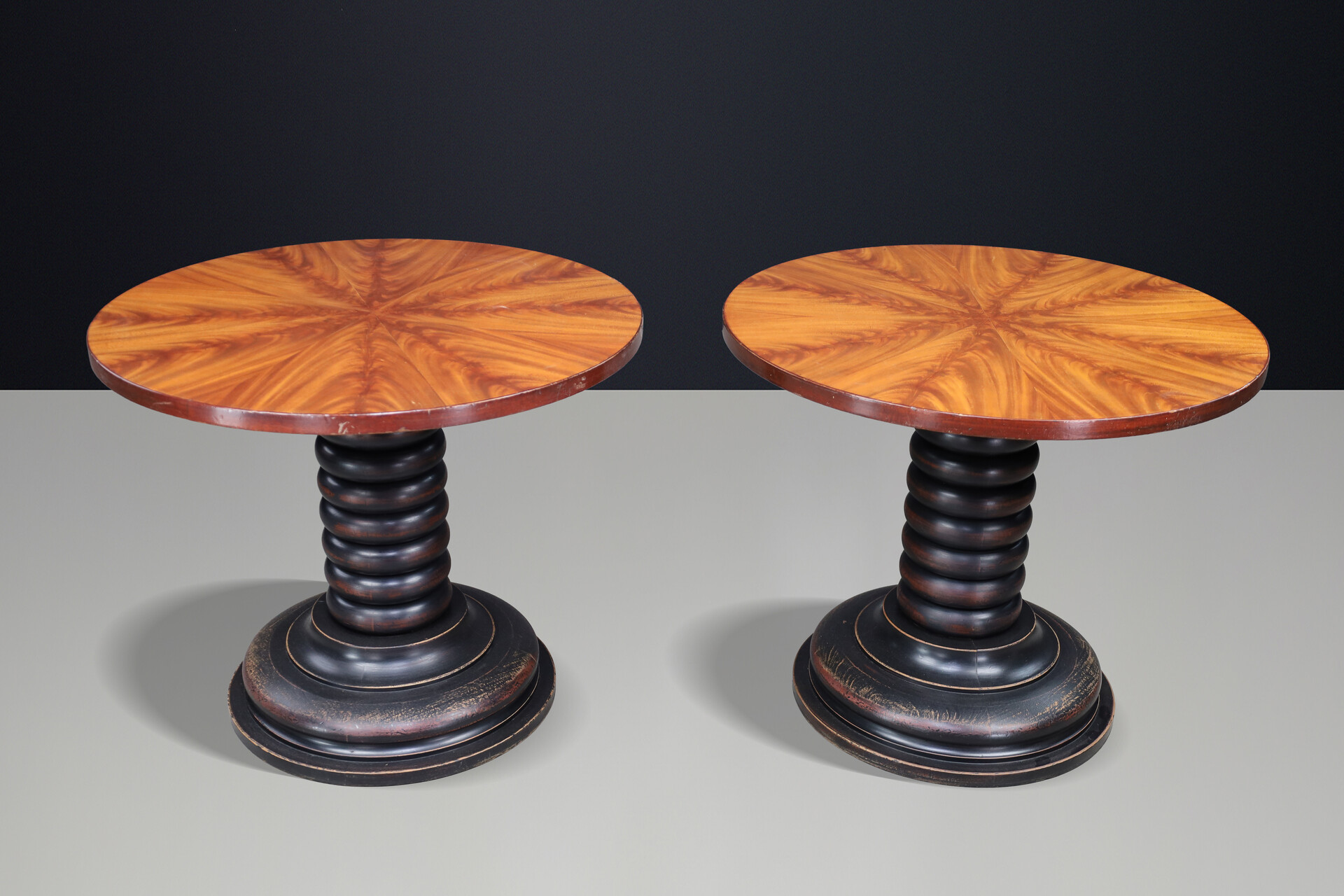 Pair of French Art Deco Walnut and Patinated Gueridon Side Tables, 1930s 20th century