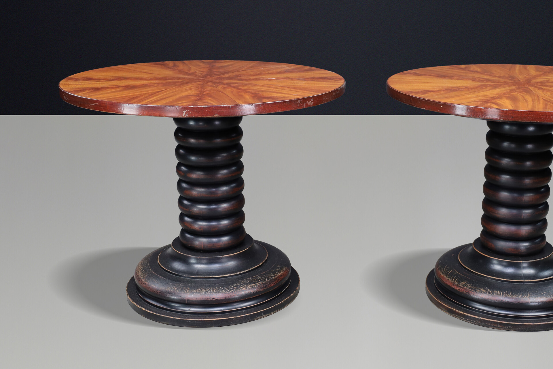 Pair of French Art Deco Walnut and Patinated Gueridon Side Tables, 1930s 20th century