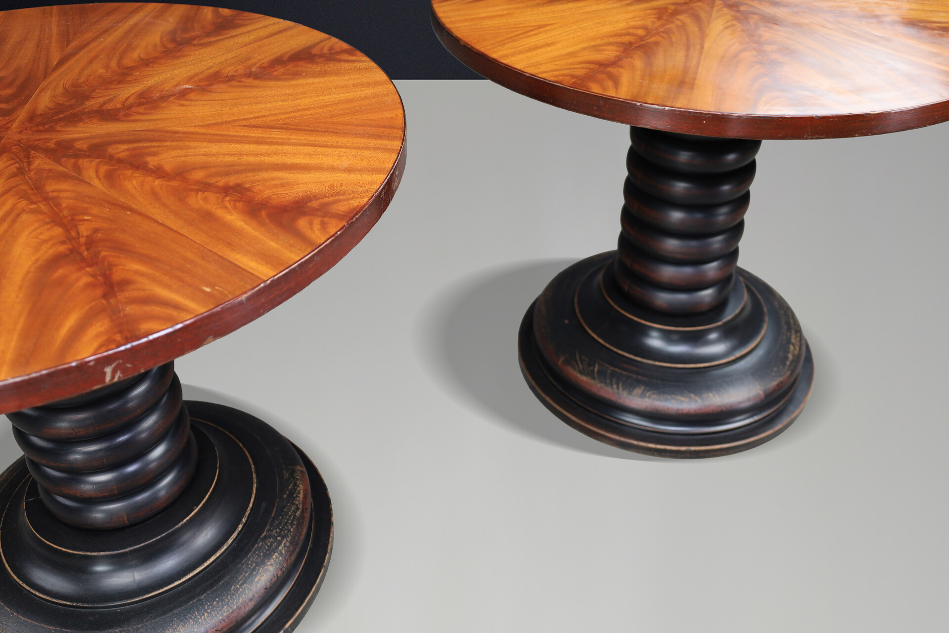 Pair of French Art Deco Walnut and Patinated Gueridon Side Tables, 1930s 20th century