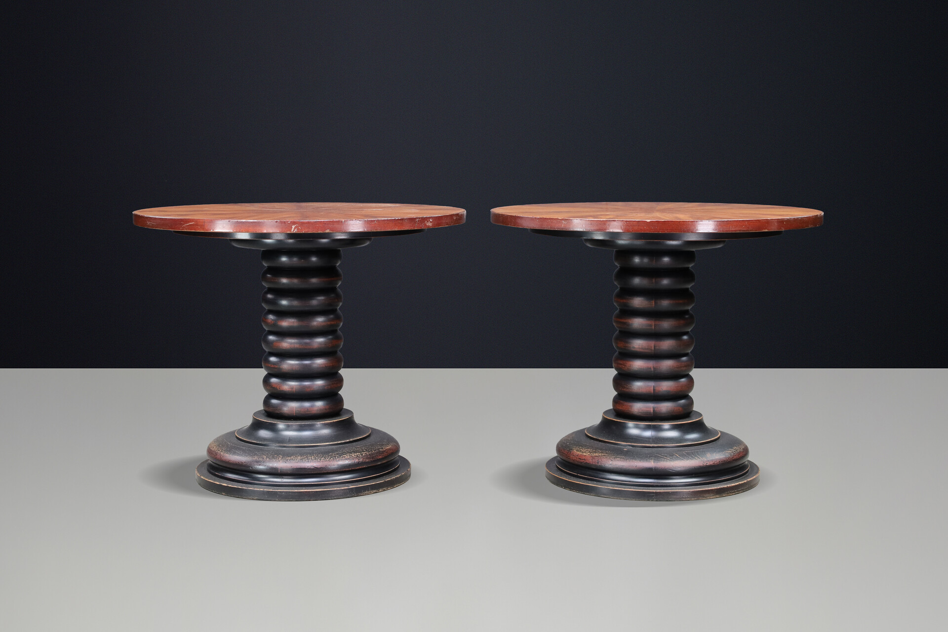 Pair of French Art Deco Walnut and Patinated Gueridon Side Tables, 1930s 20th century