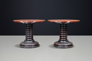 Pair of French Art Deco Walnut and Patinated Gueridon Side Tables, 1930s 20th century
