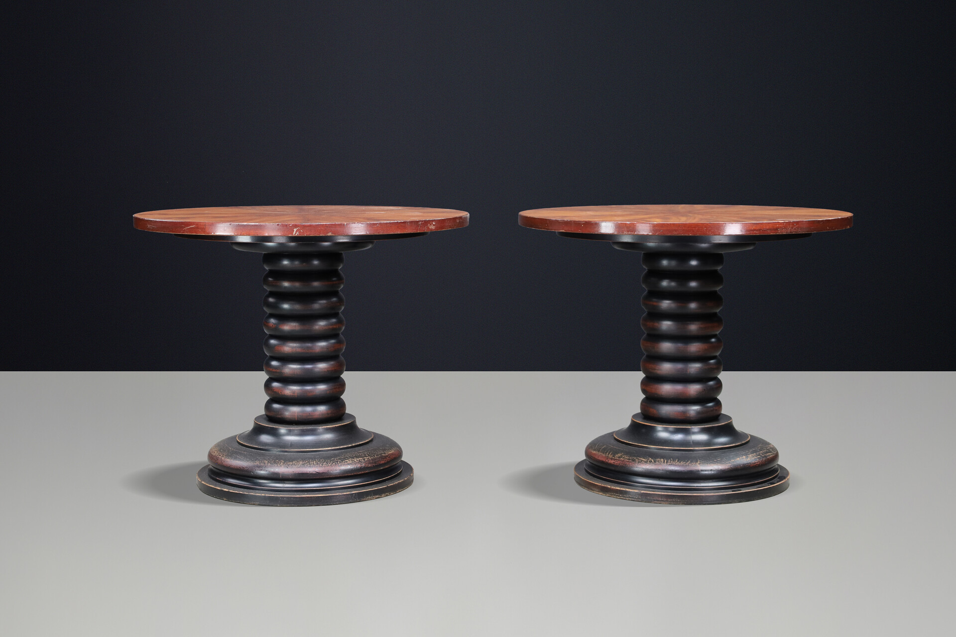Pair of French Art Deco Walnut and Patinated Gueridon Side Tables, 1930s 20th century