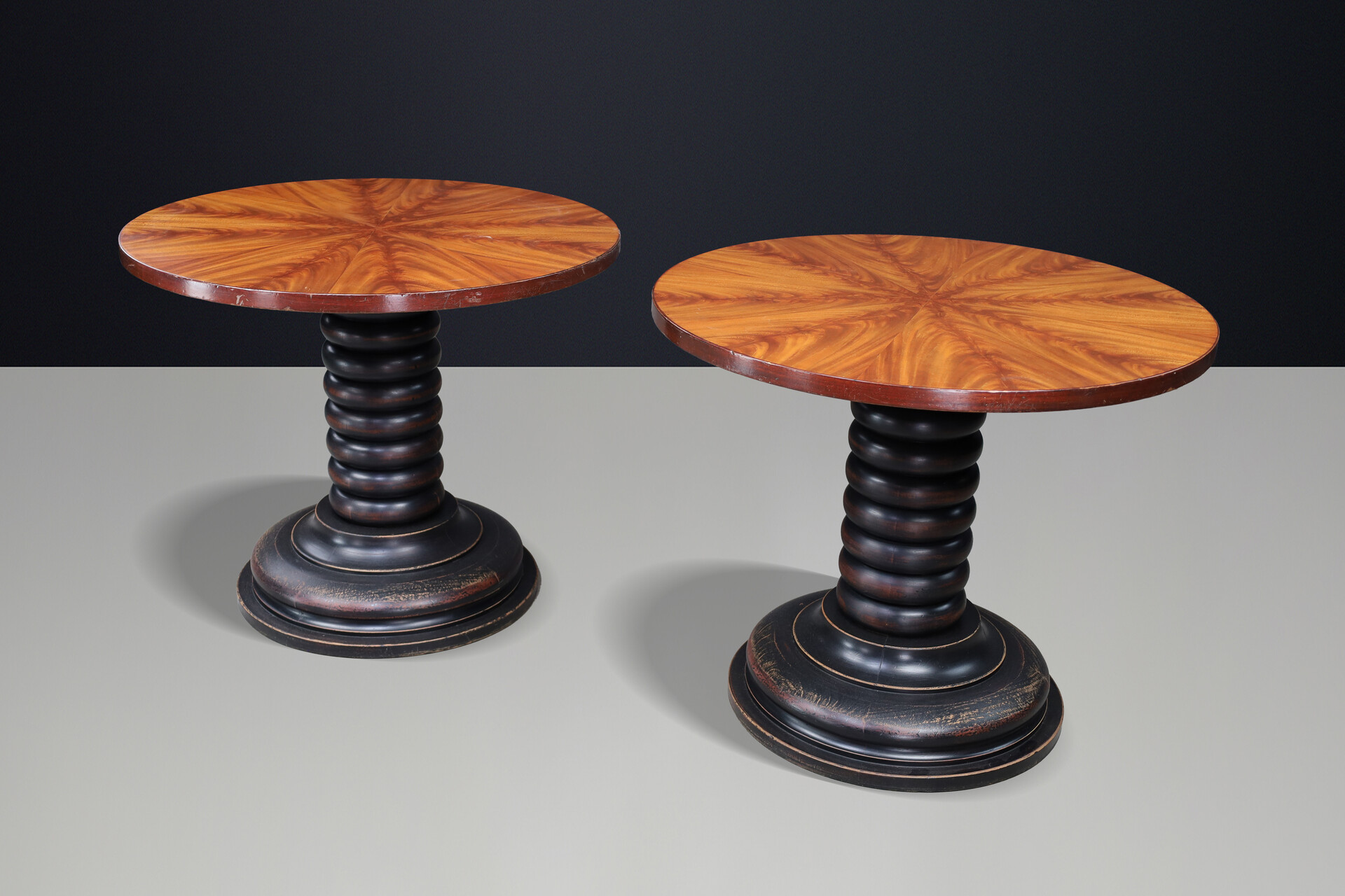 Pair of French Art Deco Walnut and Patinated Gueridon Side Tables, 1930s 20th century