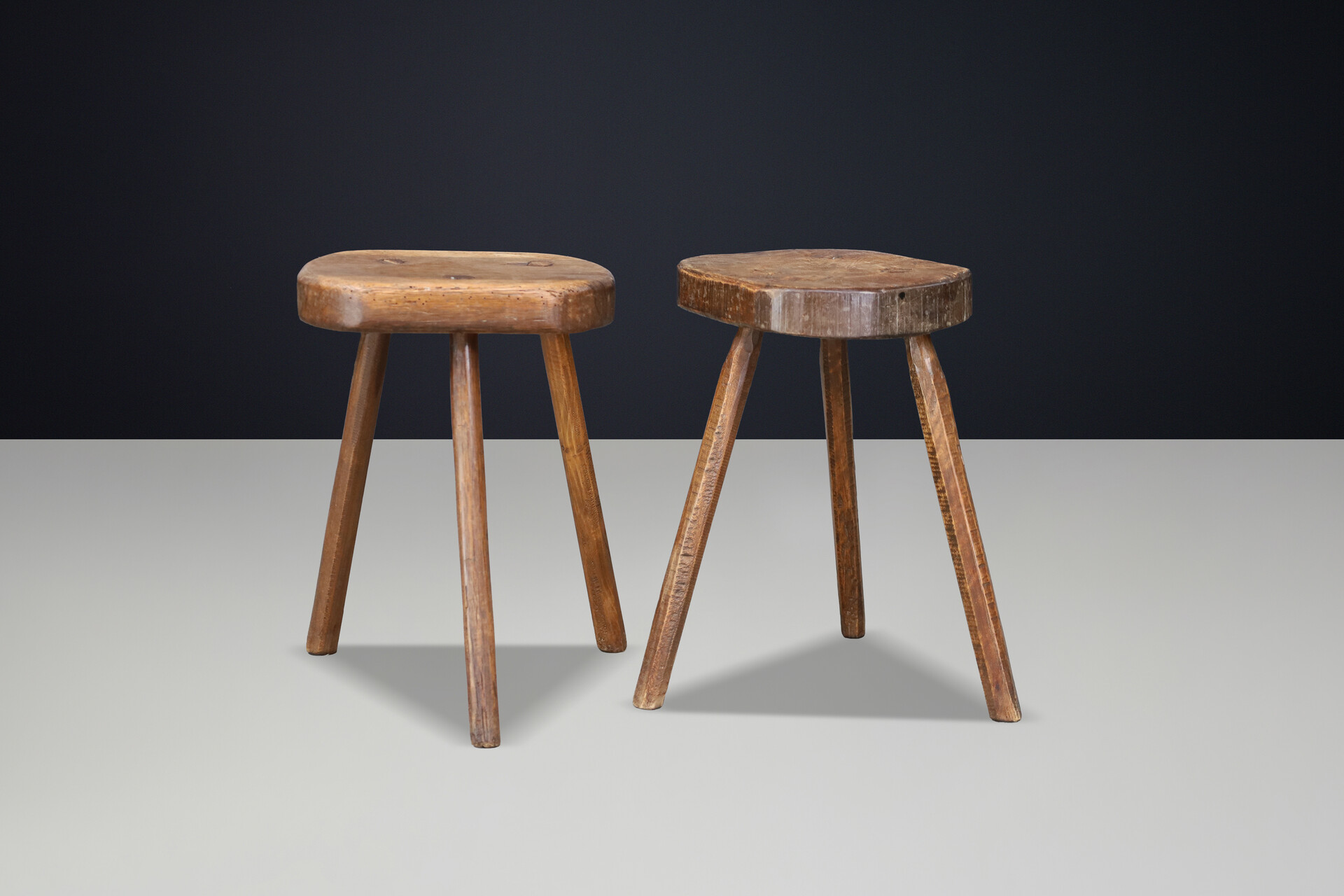 Pair of French Patinated Oak Primitive Stools, France, 1950s Mid-20th century