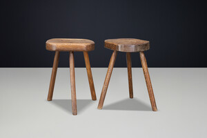 Pair of French Patinated Oak Primitive Stools, France, 1950s Mid-20th century