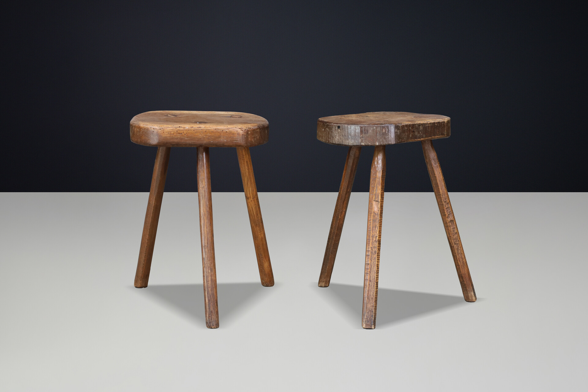 Pair of French Patinated Oak Primitive Stools, France, 1950s Mid-20th century
