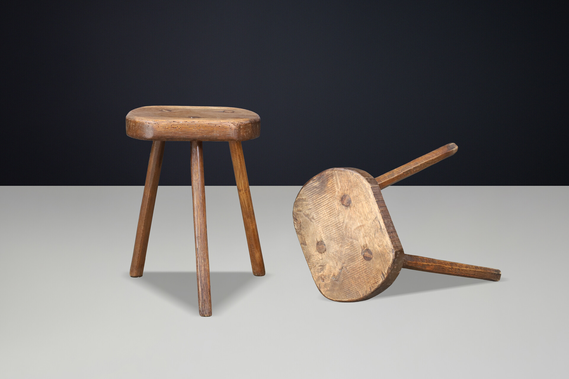 Pair of French Patinated Oak Primitive Stools, France, 1950s Mid-20th century