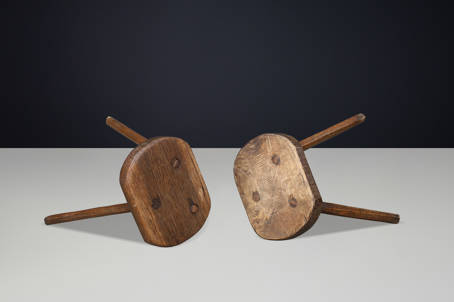 Pair of French Patinated Oak Primitive Stools, France, 1950s Mid-20th century