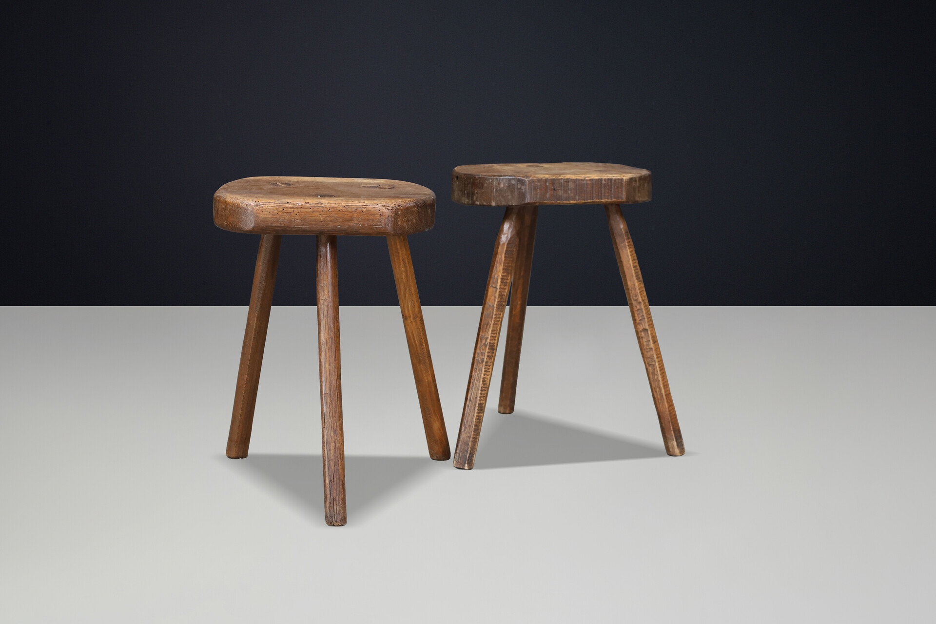 Pair of French Patinated Oak Primitive Stools, France, 1950s Mid-20th century