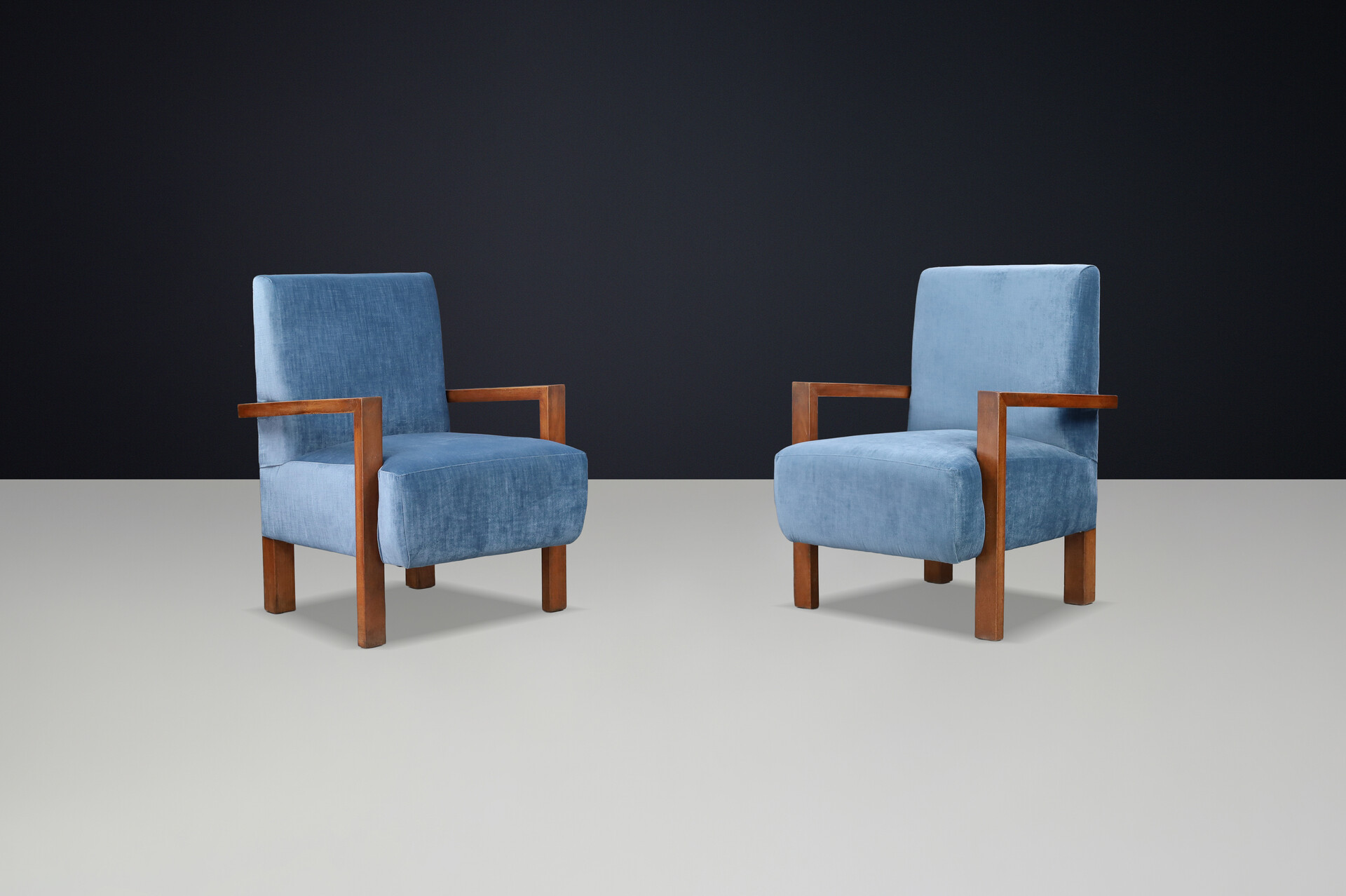Pair of Giovanni Michelucci Armchairs in Blue Velvet, Italy, 1940s Mid-20th century