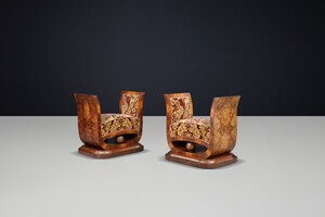 Pair of Italian Art Deco Walnut Burl Stools with Original Velvet, Naples, 1930s Early-20th century