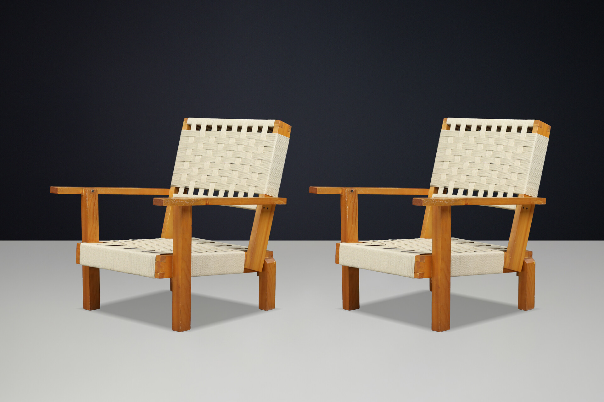 Pair of Italian Pine & Woven Cord Lounge Chairs, 1970s Late-20th century