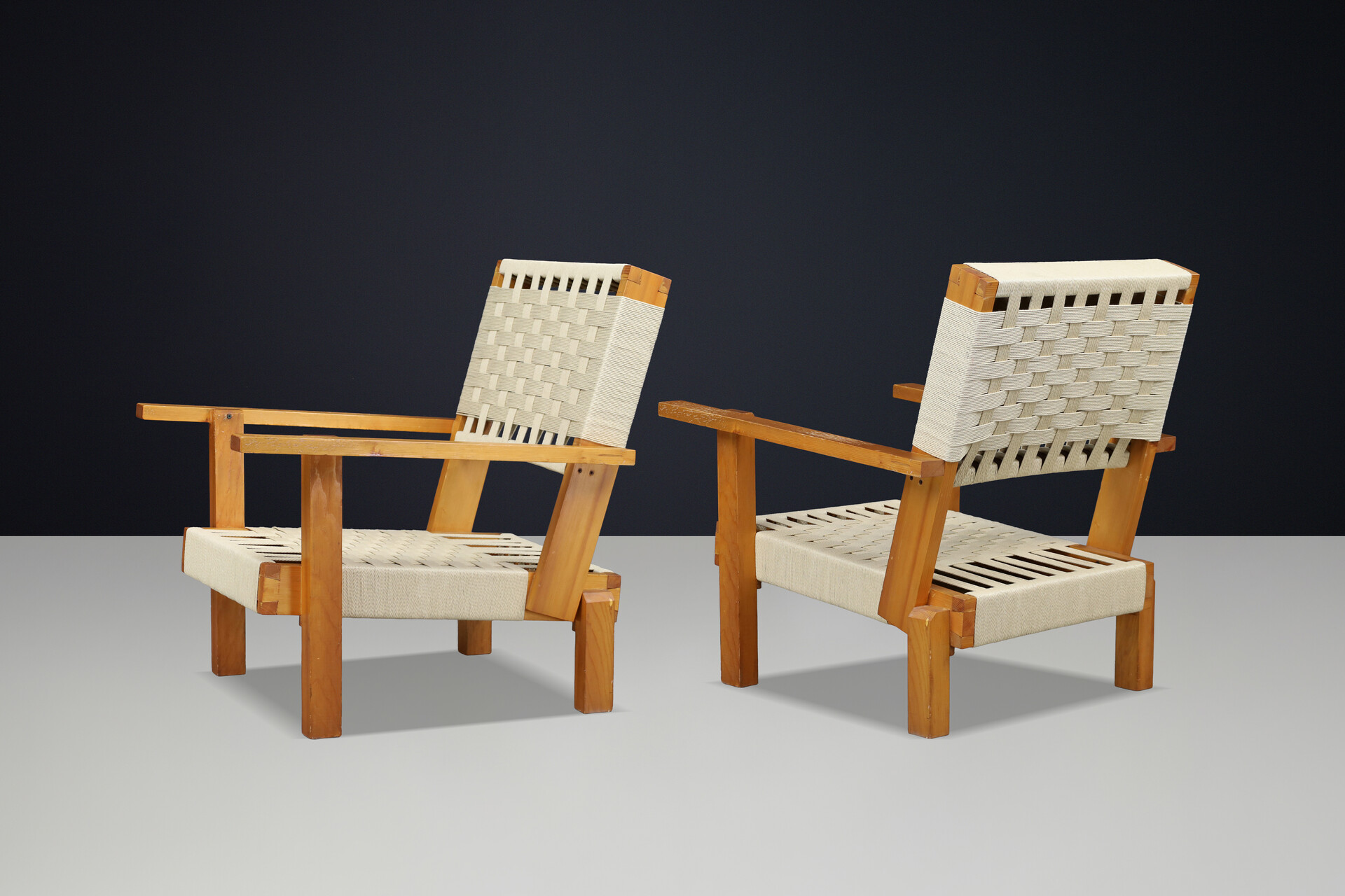 Pair of Italian Pine & Woven Cord Lounge Chairs, 1970s Late-20th century