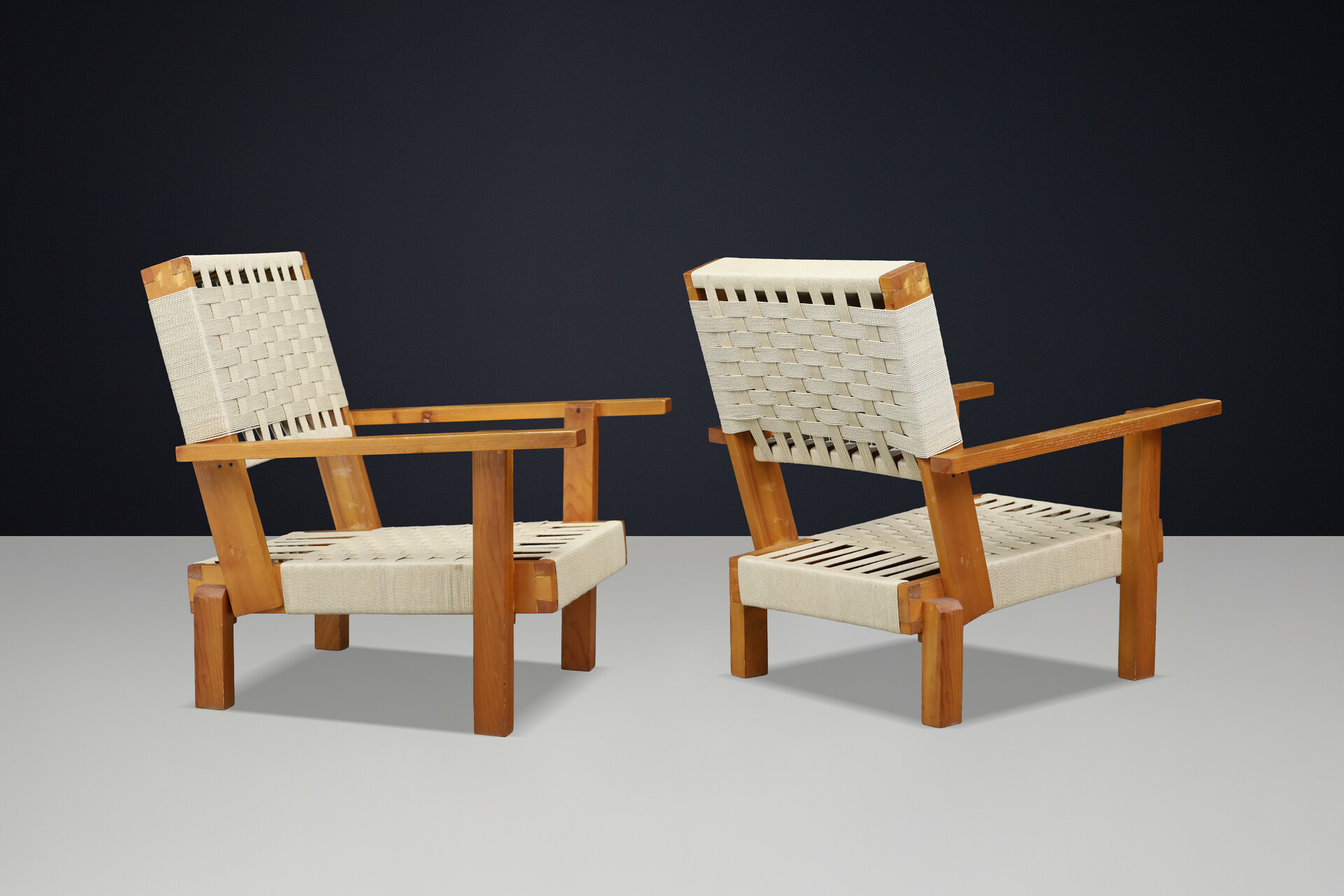 Pair of Italian Pine & Woven Cord Lounge Chairs, 1970s Late-20th century