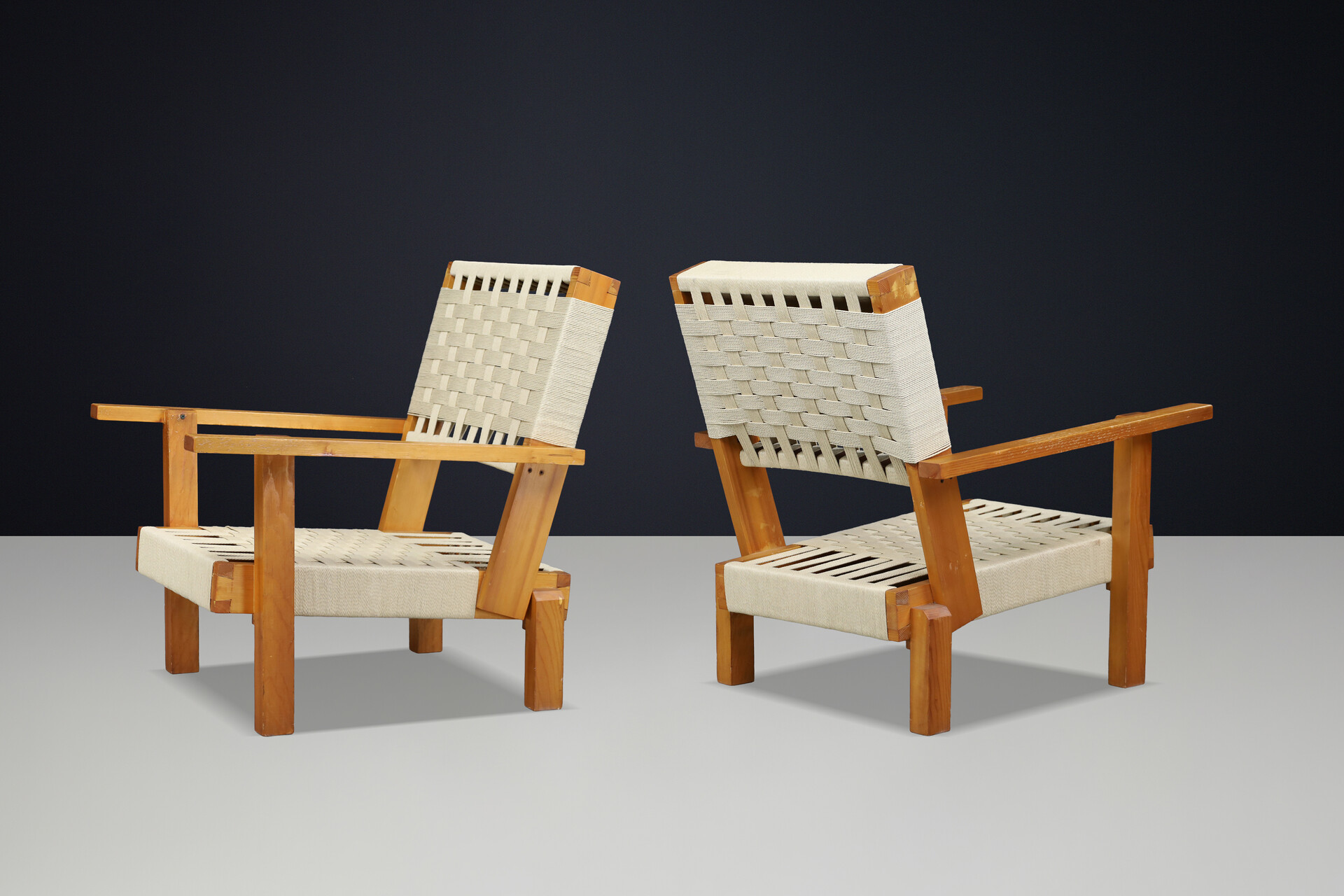Pair of Italian Pine & Woven Cord Lounge Chairs, 1970s Late-20th century
