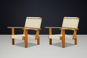 Pair of Italian Pine & Woven Cord Lounge Chairs, 1970s Late-20th century