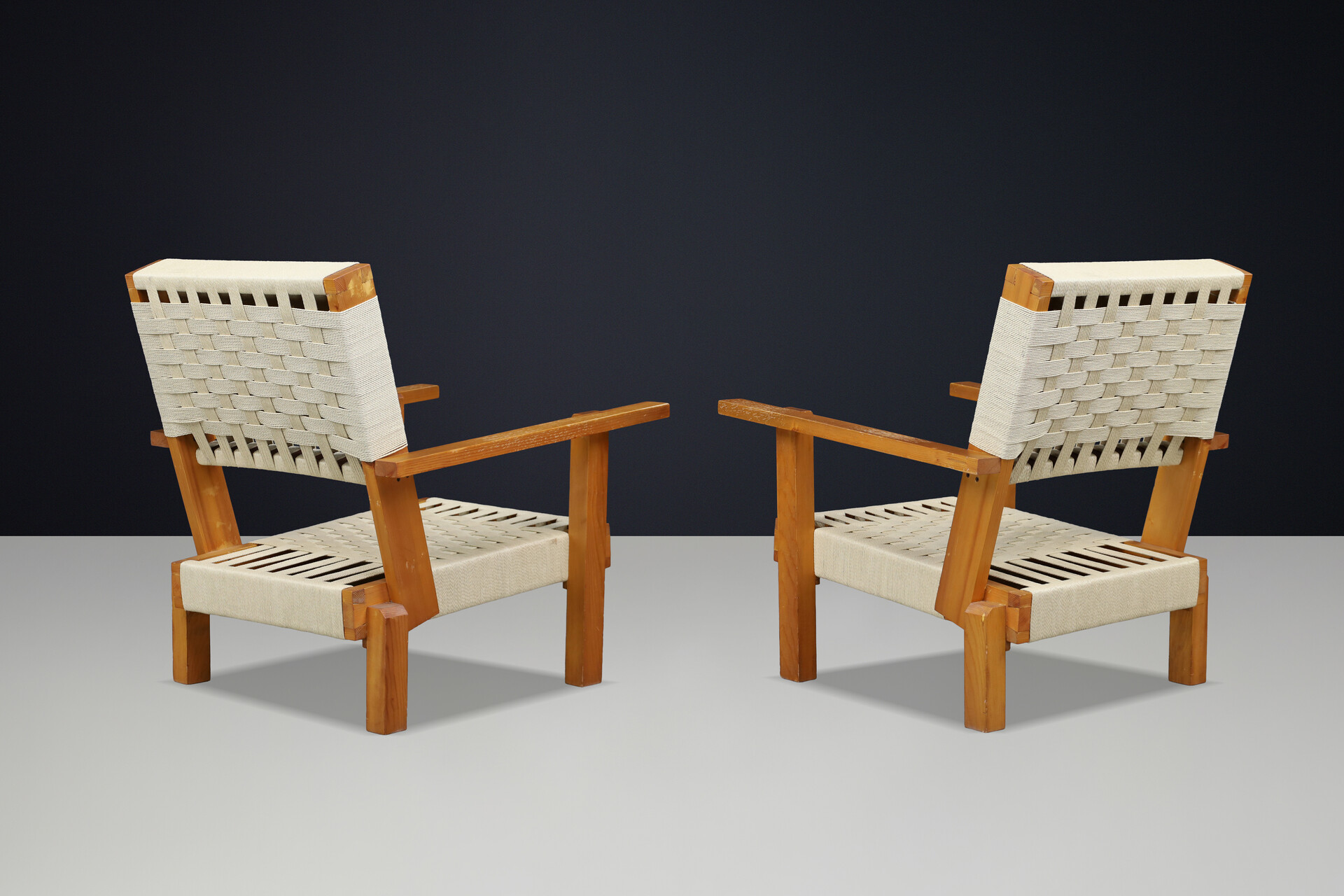 Pair of Italian Pine & Woven Cord Lounge Chairs, 1970s Late-20th century