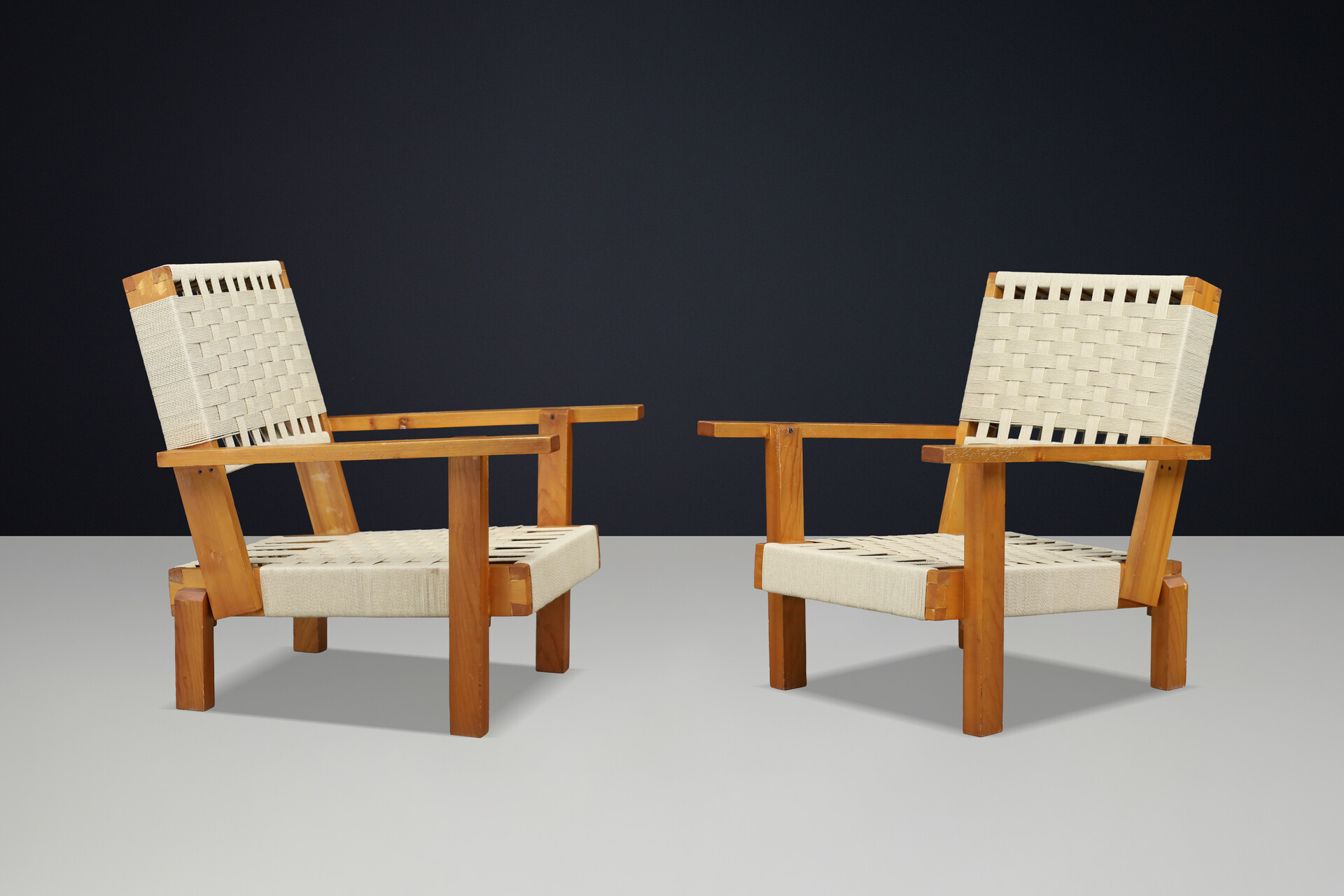 Pair of Italian Pine & Woven Cord Lounge Chairs, 1970s Late-20th century