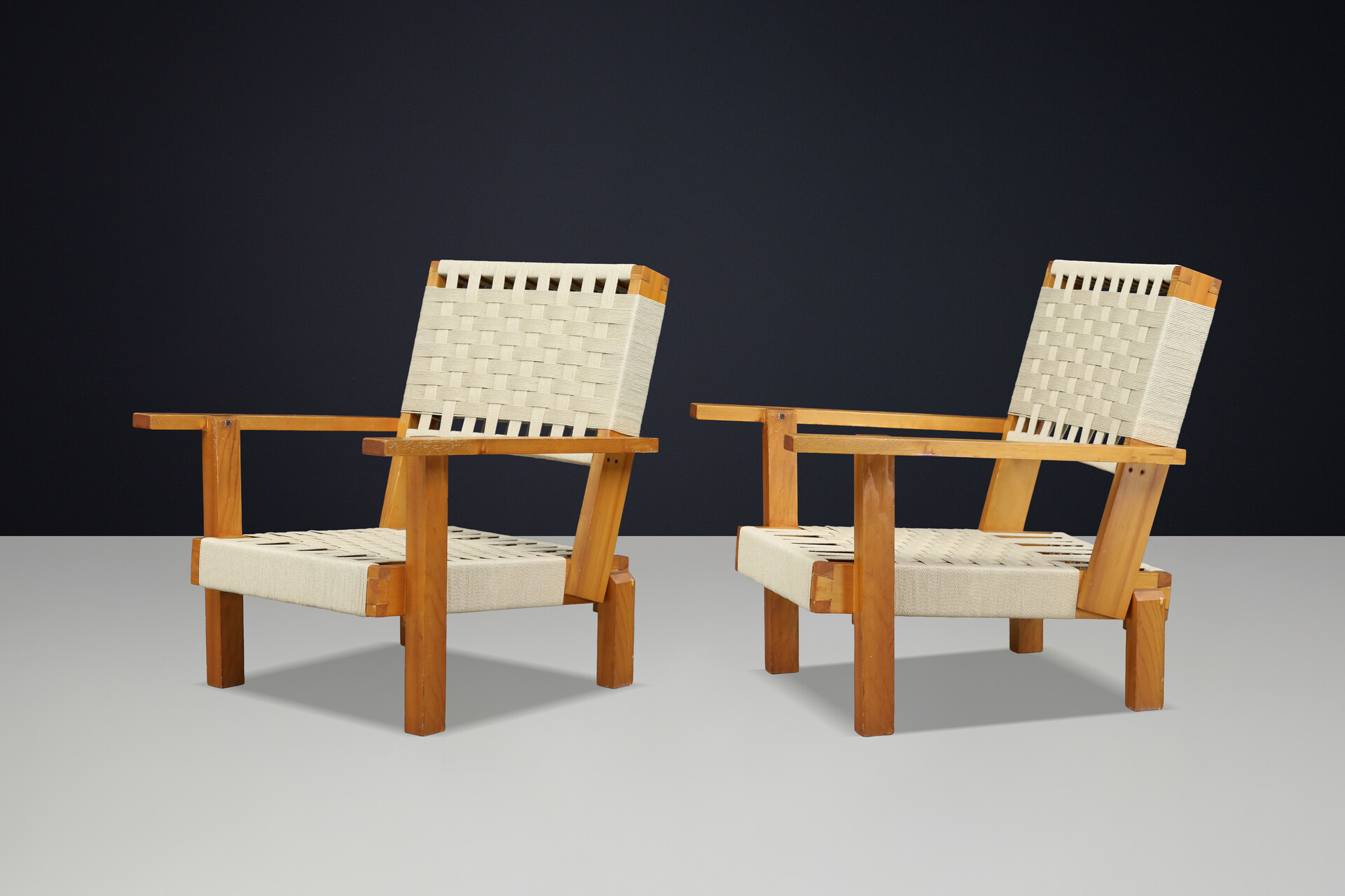 Pair of Italian Pine & Woven Cord Lounge Chairs, 1970s Late-20th century