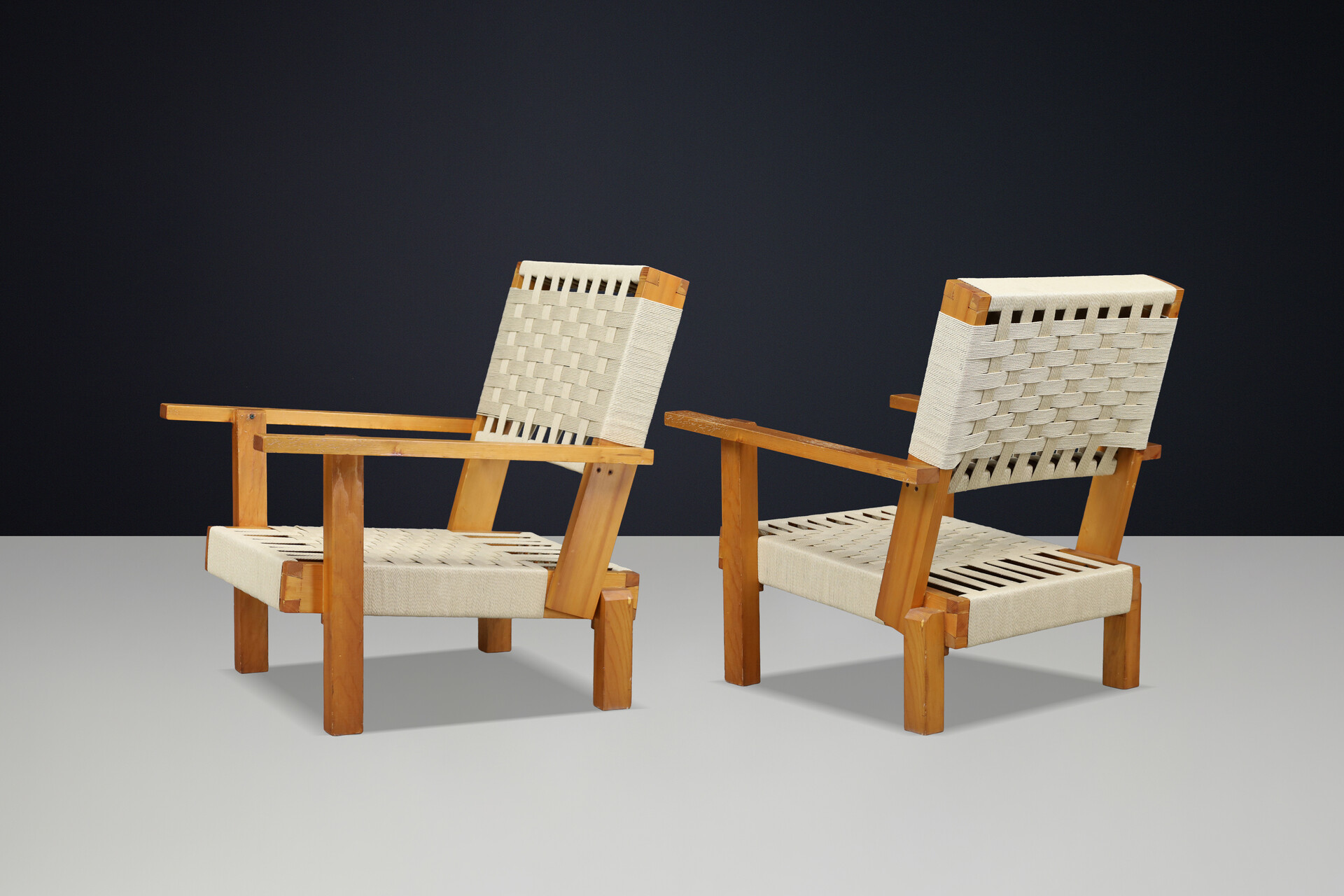 Pair of Italian Pine & Woven Cord Lounge Chairs, 1970s Late-20th century