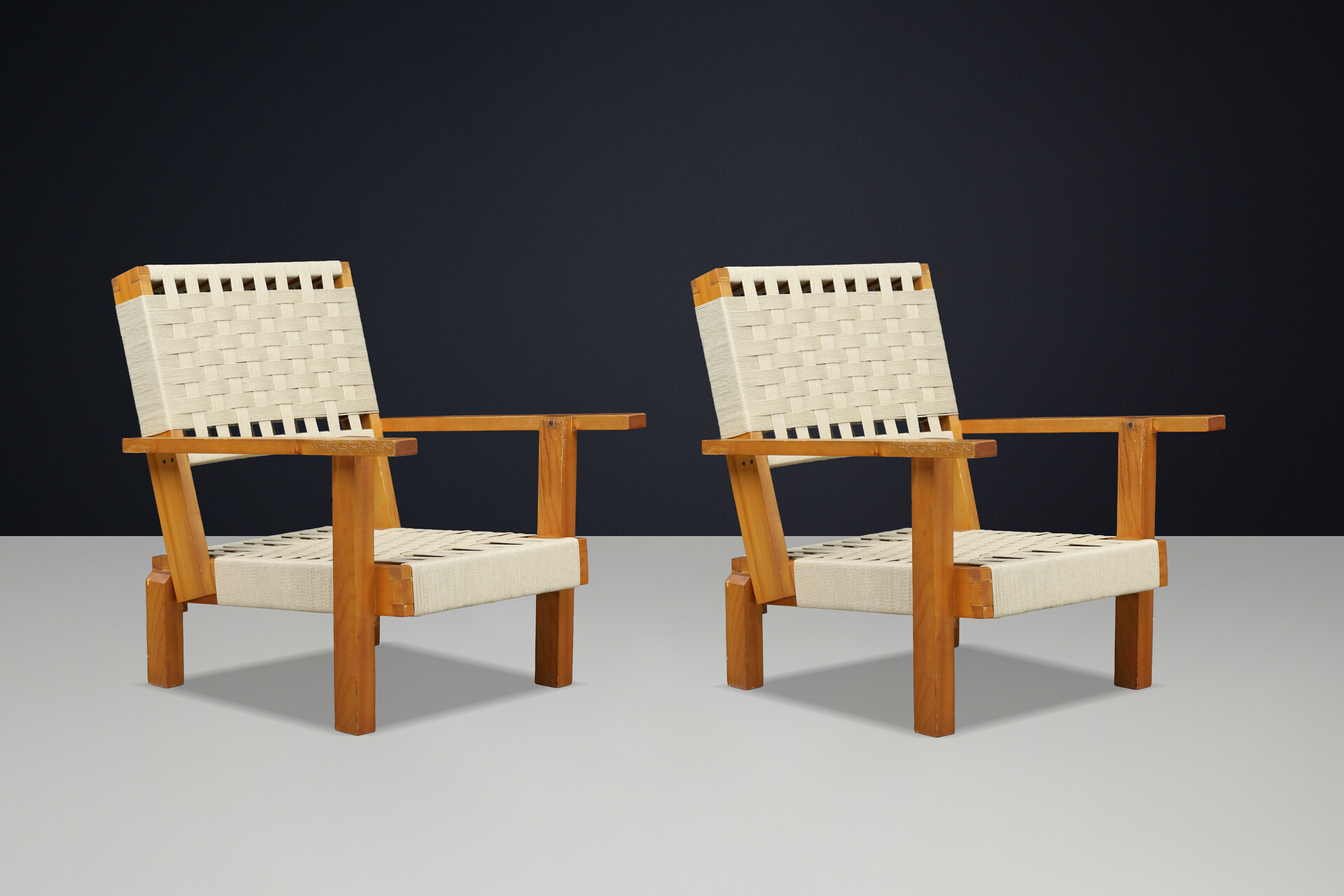 Pair of Italian Pine & Woven Cord Lounge Chairs, 1970s Late-20th century