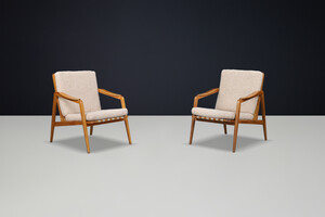 Pair of Mid-Century Lounge Chairs in French Ash with New Teddy Upholstery, 1960s Mid-20th century