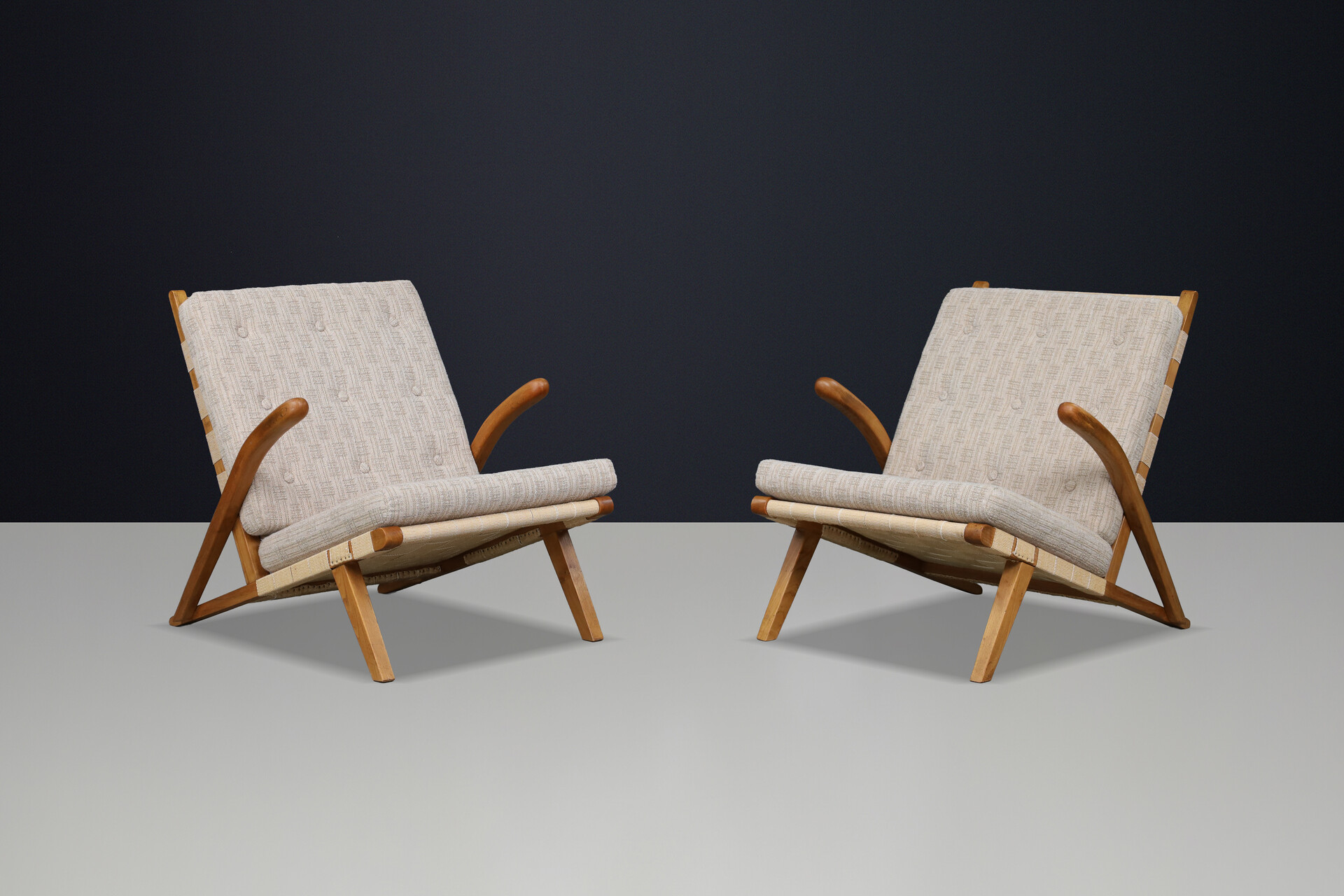 Pair of Sculptural Oak Lounge Chairs, Europe, 1960s Mid-20th century