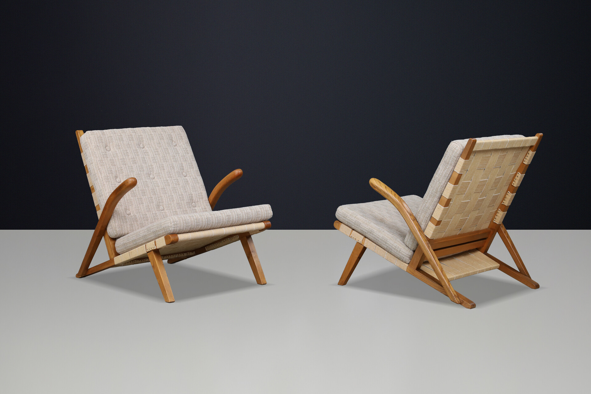 Pair of Sculptural Oak Lounge Chairs, Europe, 1960s Mid-20th century