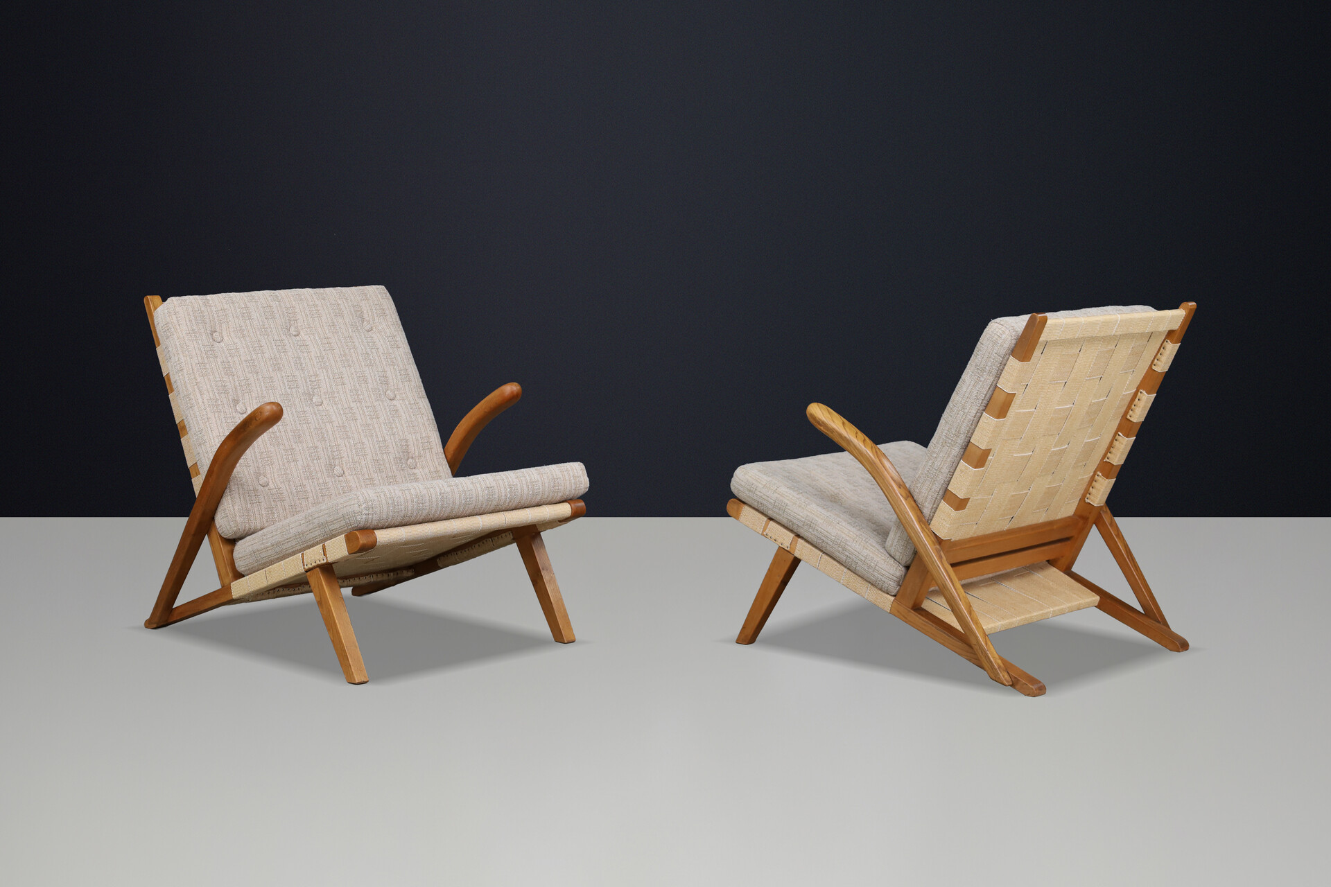 Pair of Sculptural Oak Lounge Chairs, Europe, 1960s Mid-20th century
